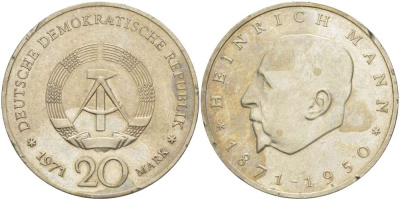 ГДР 20 марок 1971 А, 100 лет со дня рождения Генриха Манна (1871-1950) KM 33, J. 1531 медно-никель 4521-612