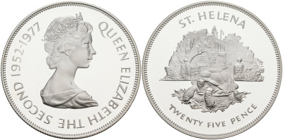Остров Святой Елены 25 пенсов 1977 25 лет правления Елизаветы II (1952-1977), черепаха, тираж 25000 экз. KM 6а серебро PROOF 1098-2-21