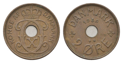 Дания 2 эре 1939 N, Кристиан X (1912-1947) KM 827 бронза 4701-911