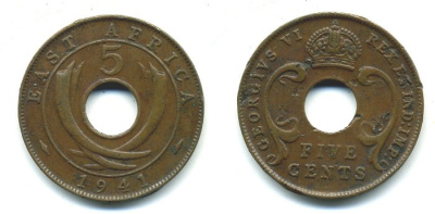 ВОСТОЧНАЯ АФРИКА 5 ЦЕНТОВ 1941 KM 25.1 бронза 04-446