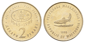 Македония 2 денара 1995 50 лет ФАО, серый цвет KM 6a медь цинк никель UNC 4699-137