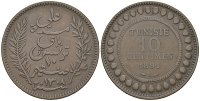 Тунис 10 сантимов 1891 KM 222 бронза 98-437