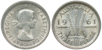 Австралия 3 пенса 1961 m, Елизавета II (1952-2022) KM 57 серебро 71-743