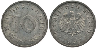 Германия 10 рейхспфеннигов 1947 F, оккупация Германии союзными войсками J. 375, KM A104 цинк UNC 4127-1222
