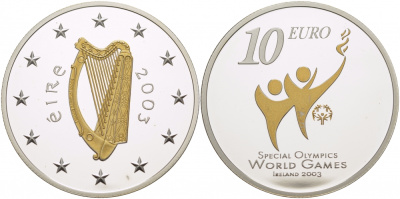 Ирландия 10 евро 2003 специальные Олимпийские игры в Ирландии 2003, позолота KM 41 серебро PROOF 01-162-31