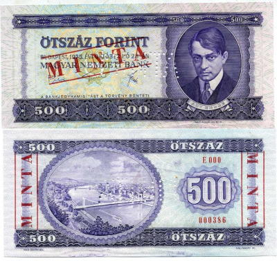 Венгрия 500 форинтов 1975 Specimen, MINTA, образец Pick 172s бумага UNC (пресс) 00-00