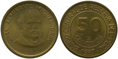 Перу 50 сентимо 1987 KM 295, Schon 96 латунь 4541-411