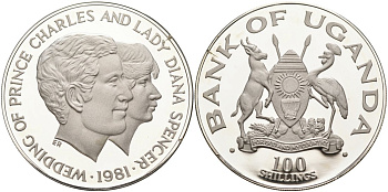 Уганда 100 шиллингов 1981 Королевская Свадьба, ПРИНЦА ЧАРЛЬЗА И ЛЕДИ ДИАНЫ KM 22 серебро PROOF 00-00