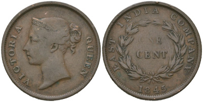 Британская Малайя 1 цент 1845 KM 3 бронза 98-841