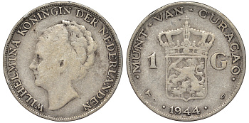 Нидерландское Кюрасао 1 гульден 1944 D, Вильгельмина (1890-1948) KM 45 серебро 36-525