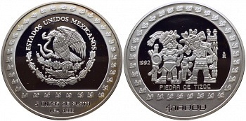 Мексика 10000 песо 1992 фигуры майя, камень Тисока, вес 155,51 грамм, тираж 3300 экземпляров KM 557 серебро PROOF 01-097-11-2