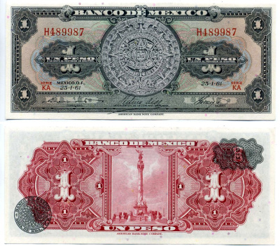 Мексика 1 песо 1961 25 января 1961 Pick 59g бумага aUNC 2196-18-1-1