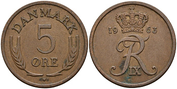 Дания 5 эре 1963 C; S, Фредерик IX (1947-1972) KM 848.1 бронза 4525-155