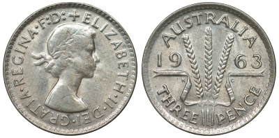 Австралия 3 пенса 1963 m, Елизавета II (1952-2022) KM 57 серебро 71-839