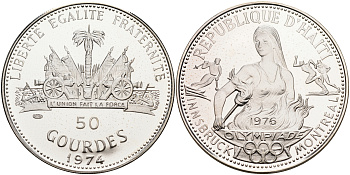 Гаити 50 гурдов 1974 Олимпийские игры 1976 года в Инсбруке, Канада KM 114 серебро PROOF 1069-3-53