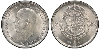 Швеция 2 кроны 1943 G, Густав V KM 815 серебро 4178-1342