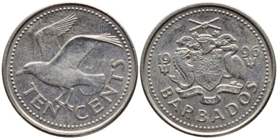 Барбадос 10 центов 1996 смеющаяся (Ацтекская) чайка KM 12 медно-никель 4396-1234