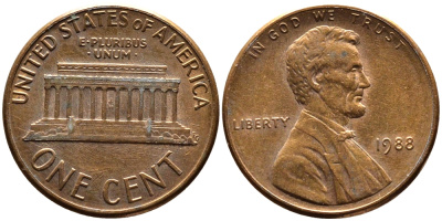 США 1 ЦЕНТ 1988 KM 201b медь-цинк 4178-257