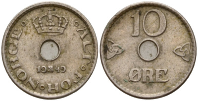 Норвегия 10 эре 1940 Хокон VII (1905-1957) KM 383 медно-никель 4158-638
