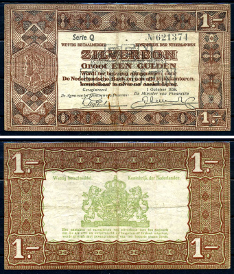 Нидерланды 1 гульден 1938 серебряный ваучер, в серии 1 буква, 6 цифр Pick 61, Akkermans 4.1 a  бумага   451-557-3