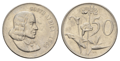 ЮАР 50 центов 1966 Ян ван Рибек (1619-1677), South Africa, легенда на английском, Зантедеския Эллиота (калла) KM 70.1 никель 4604-925