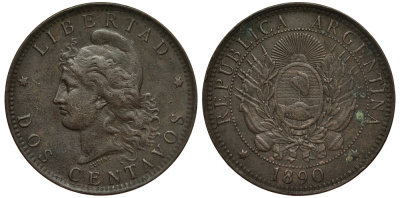Аргентина 2 сентаво 1890 голова свободы влево KM 8 бронза 272-444