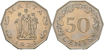 Мальта 50 центов 1972 памятник великой осаде в столице Валлетте KM 12 медно-никель aUNC 4607-621