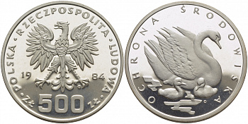 Польша 500 злотых 1984 MW, серия охрана окружающей среды, лебедь KM 154, Parchimowicz 322 серебро PROOF 1076-10-33