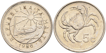 Мальта 5 центов 1986 краб KM 77 медно-никель 4396-1231