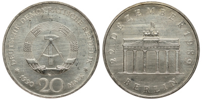 ГДР 20 марок 1990 A, открытие Бранденбургских ворот KM 139a серебро 413-2913