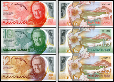 Фолклендские острова 5, 10 и 20 фунтов 1984 Чарльз III (2022- ) Pick 20, 21, 22  пластик  UNC (пресс) 451-1055-3