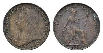 Великобритания 1 фартинг 1901 Виктория (1837-1901) KM 788.2, Spink 3964 бронза 4690-752