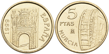 Испания 5 песет 1999 Мурсия, Хуан Карлос I KM 1008 латунь    4608-426