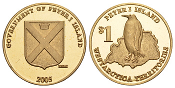 Великое Герцогство Вестарктика (Остров Петра I), Антарктида 1 доллар 2005 тираж 300 экземпляров, виртуальное государство Антарктиды. Основано 2 ноября 2001 года Тревисом Макгенри. Расположено в Западной Антарктиде на земле Мэри Бэрд X 1 бронза BU 1520-711