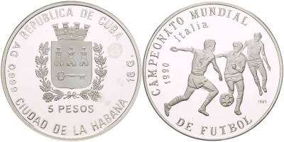 Куба 5 песо 1989 чемпионат мира по футболу в Италии 1990 года, три игрока KM 225 серебро PROOF 11-085-32