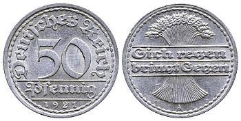 Германия 50 пфеннигов 1921 A KM 27, J.301, Weege 10 алюминий 4380-834
