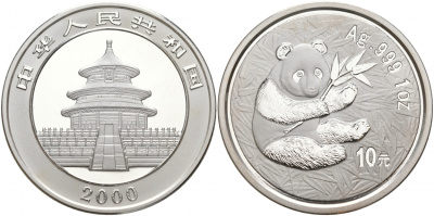 Китай 10 юаней 2000 панда KM 1310 серебро UNC 00-000-00