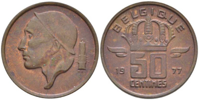 БЕЛЬГИЯ 50 САНТИМОВ 1977 BELGIQUE, БОДУЭН I (1951-1993) KM 148.1 бронза 116-1031