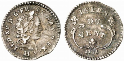 Подветренные острова (Windward, Vent) 6 солей 1731 H, Людовик XV (1715-1774) серебро 00-000-00