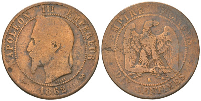 Франция 10 сантимов 1862 K, Наполеон III (1852-1870) KM 798.1 бронза 4590-1012
