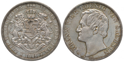 Саксония 2 талера 1861 Иоганн (король Саксонии) (1854-1873) КМ 1215, AKS 127 серебро 00-816-24