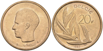 Бельгия 20 франков 1982 Belgie KM 160 никель бронза UNC 189-944