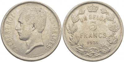 БЕЛЬГИЯ 5 ФРАНКОВ 1931 BELGES KM 97.1 никель 114-824