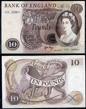 Англия 10 фунтов ND (1964-1975) Елизавета II (1952-2022), лев, подпись J.B. Page Pick 376c  бумага   451-185-2