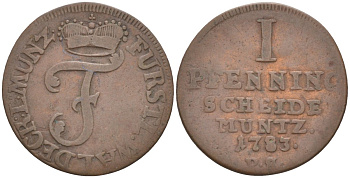Вальдек-Пирмонт 1 пфенниг 1783 PS, Фридрих Карл Август (1763-1812) KM 42a, Slg. Hennig 194 Slg. Kayser 268 Weing?rtner 779 медь 187-1029
