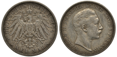 Пруссия 2 марки 1904 A, Вильгельм II (1888-1918) J.102, Weege 101, KM 522 серебро 3711-734