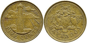 Барбадос 5 центов 1996 маяк Саут-Пойнт KM 11 латунь 4398-553
