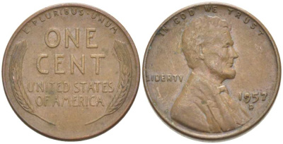 США 1 ЦЕНТ 1957 D, ЛИНКОЛЬН KM А132 медь цинк 218-715
