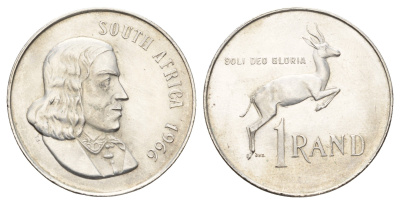 ЮАР 1 ранд 1966 Ян ван Рибек (1619-1677), South Africa, легенда на английском, антилопа KM 71.1 серебро UNC 1515-1823