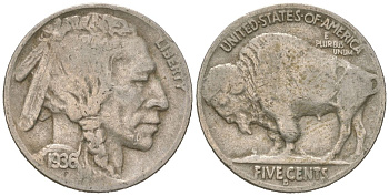 США 5 центов 1936 D, индеец, бизон KM 134 медно-никель 4614-1262